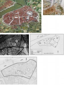 Fig. 1 - In alto: veduta della città di Arles in epoca medievale. A sinistra: modello di  ricostruzione di Arelate romana. Dal confronto delle planimetrie storiche rispettivamente risalenti al V secolo e al XII secolo con quella attuale in basso a sinistra che descrive il settore di salvaguardia del patrimonio urbano, si conferma l’impressione della continuità della presenza romana dall’antichità sino ai nostri giorni.  