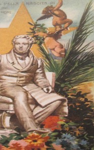 Vincenzo Bellini in una cartolina d'epoca disegnata dal pittore acese Saru Spina