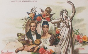 Una cartolina d'epoca di Saru Spina riproducente Vincenzo Bellini, la cantante Giuditta Pasta e la statua dedicata alla "Norma"